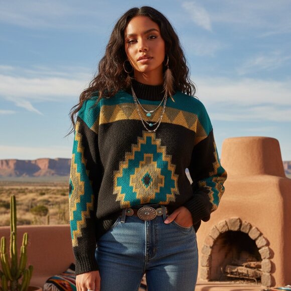 VTG Jamenits Womens Size Medium Acrylic Knitted Southwestern Aztec Sweater - Picture 1 of 6